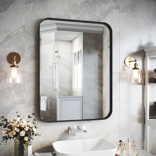 Vista 9 de Espejo de baño con marco de aleación de aluminio negro de 24 x 36 pulgadas, vidrio templado, espejo de baño rectangular redondeado, se cuelga