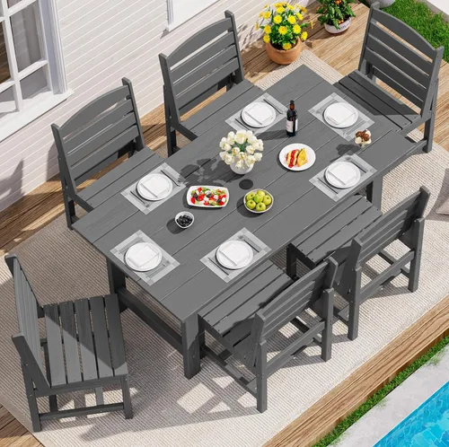 Vista 53 de SERWALL Juego de mesa de comedor de 7 piezas, muebles de comedor de polietileno de alta densidad para exteriores con agujero para paraguas y 6 Negro