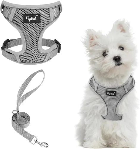 Vista 28 de PUPTECK Juego de arnés y correa para perro pequeño, arnés ajustable sin tirones para cachorro, chaleco de malla suave reflectante para mascotas