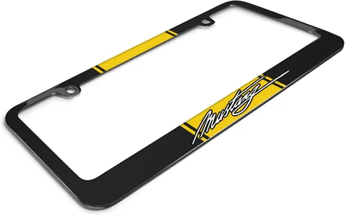 Vista 3 de iPick Image Hecho para Ford Mustang Script Amarillo Racing Stripe Marco de matrícula de metal negro