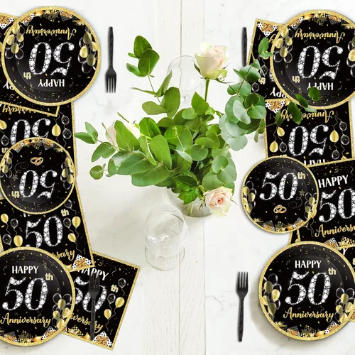 Vista 5 de 96 Piezas Platos de Papel Servilletas Tenedores para Fiesta de 50 Aniversario Empleado Carrera Boda 50 Aniversario Oro Negro Vajilla Desechable