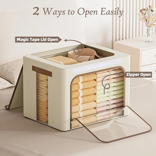 Vista 3 de Yecaye Cajas de Almacenamiento de Ropa con Marco de Metal, Caja de Almacenamiento de Ropa Plegable con Tapa, Caja Organizadora Apilable de Tela