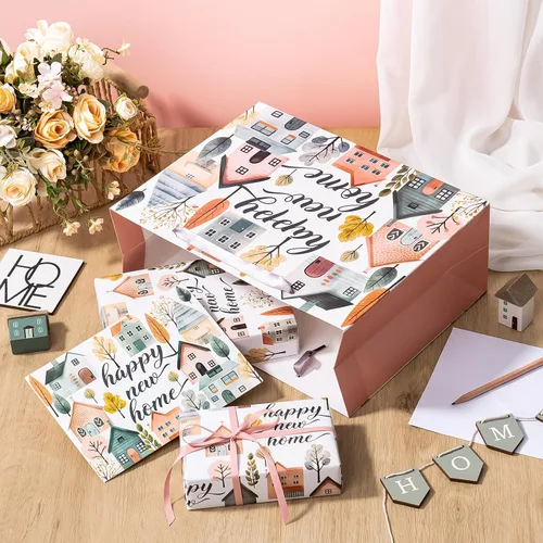 Vista 6 de WRAPAHOLIC Bolsa de regalo de 13 pulgadas con tarjeta y papel de seda, bolsas de papel de diseño Greeny House para inauguración de la casa, regalo