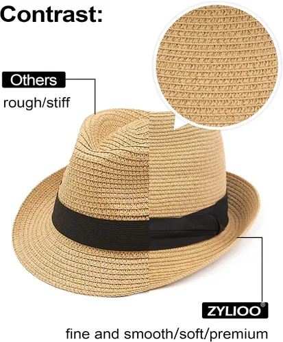 Vista 3 de Zylioo Sombreros de paja XXL de gran tamaño, sombreros Panamá de ala corta grande y alta, sombrero de trilby cubano de verano enrollable