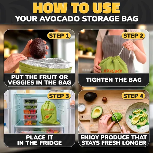 Vista 5 de Avocado Storage Bag, 13.8 x 10.6 in, Reusable Produce Bags for Fridge Avocado Green