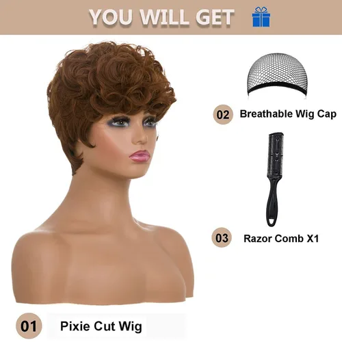 Vista 2 de MOONSHOW - Pelucas cortas de corte Pixie para mujeres negras, peluca de corte Pixie marrón Short Pixie Wigs for Black Women Natural Layered Short