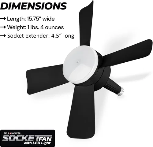 Vista 5 de Bell+Howell Socket Breeze Deluxe, Small Ceiling Fan with LED Light and Remote, Adjustable Speeds and Brightness, Light Socket Fan for Bedroom Negro