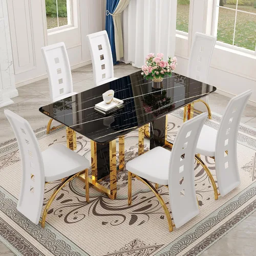 Vista 33 de Juego de mesa de comedor de mármol blanco de 63" para 6 Sillas negras 1