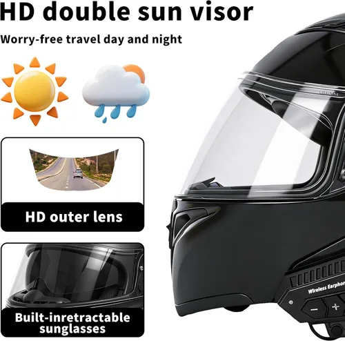 Vista 4 de Casco de motocicleta Bluetooth modular, NVSIO, con aprobación DOT FMVSS-218, abatible, cara completa, con doble visera, para adultos hombres