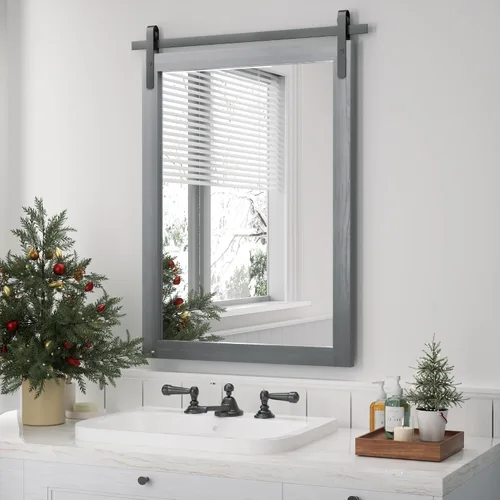Vista 16 de Espejo Negro de Granja para Pared, Espejos Cuadrados de Baño con Marco de Madera de 18x26 Pulgadas para Tocador, Espejos Estilo Puerta de Granero