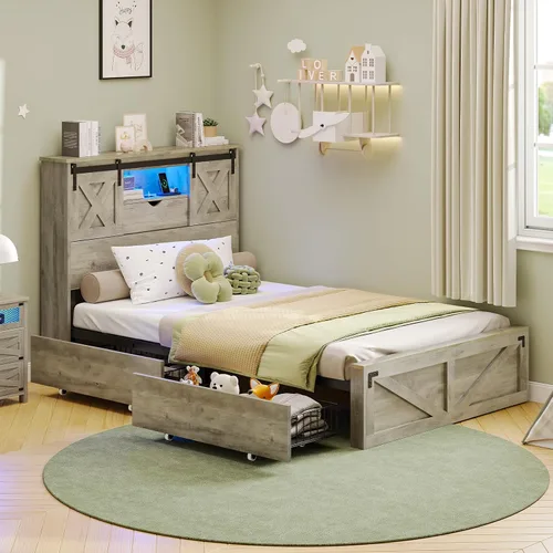 Vista 8 de Marco de cama de granja tamaño individual con 2 cajones de almacenamiento, plataforma de madera con luces LED y estación de carga, cabecera