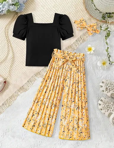 Vista 11 de DONWEN Conjunto de 3 piezas de ropa para niñas pequeñas y niñas con cuello cuadrado + pantalones elegantes + diadema para primavera y verano