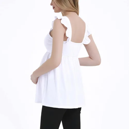 Vista 2 de DEBELLY Camiseta de maternidad para mujer, cuello cuadrado, tirantes con volantes, sin mangas, para embarazo, linda blusa tipo babydoll de verano