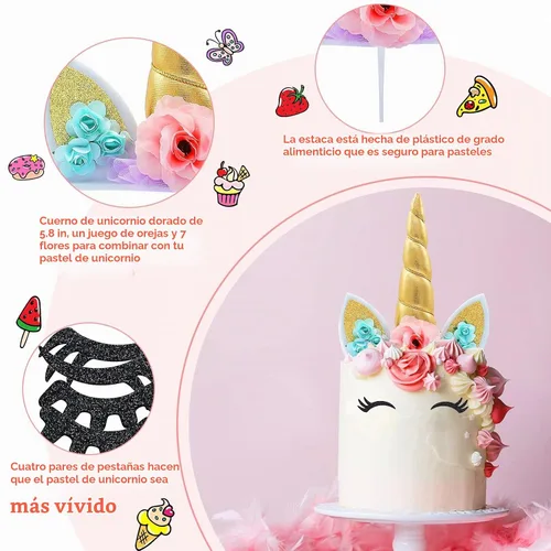 Vista 4 de Decoración de pastel de unicornio para niñas, decoración de cumpleaños de cuerno de unicornio dorado con pestañas, 5.8 pulgadas