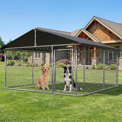 Vista 8 de Caseta de perro para exterior con valla para perros pequeños y medianos, recubrimiento antióxido, jaula con techo, resistente a todas