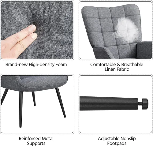 Vista 7 de Yaheetech Juego de 2 sillas decorativas con otomana, moderno sillón y reposapiés con respaldo alto y patas de metal, silla de salón y otomana