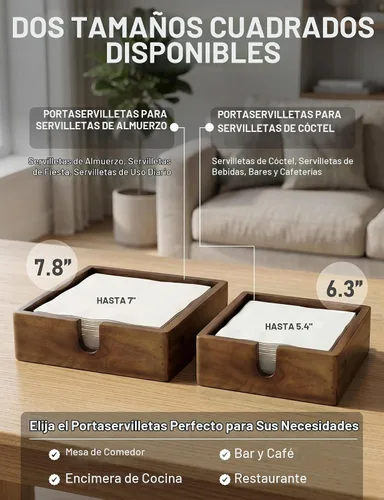 Vista 4 de DEMIGO Servilletero de madera de acacia para cóctel, 5.4 pulgadas, bandeja cuadrada para servilletas