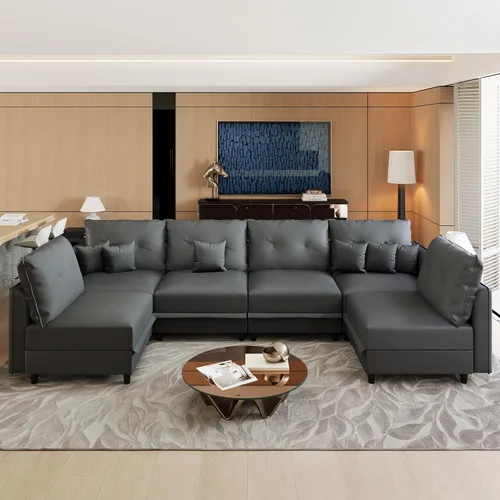 Vista 24 de LLappuil Sofá cama modular en forma de U de 6 plazas con almacenamiento, asiento profundo de piel sintética para sala de estar, impermeable y Negro
