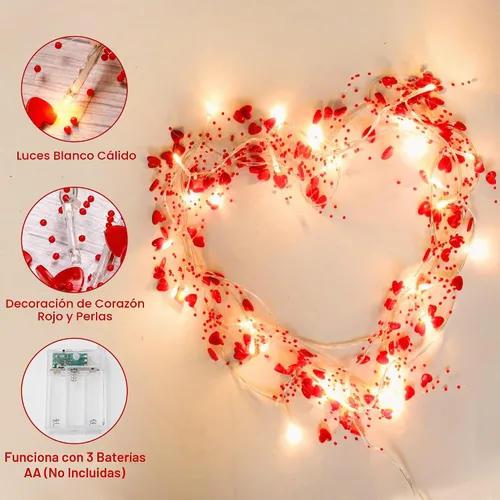 Vista 6 de Mosoan Decoración del día de San Valentín, guirnalda de 30 luces LED de 10 pies con luces de corazón rojo, funciona con pilas, luces de día de San