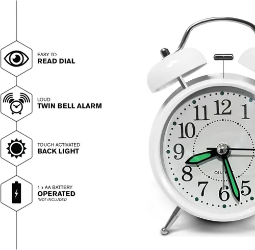 Vista 4 de Reloj despertador de campana doble de 3 pulgadas, alarma fuerte, aspecto retro, vintage, antiguo, ideal para durmientes pesados, sin tictac, reloj