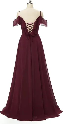 Vista 2 de kidadndy Vestidos de dama de honor de gasa con tirantes delgados, vestidos largos de fiesta de boda con abertura, mangas con volantes, vestidos