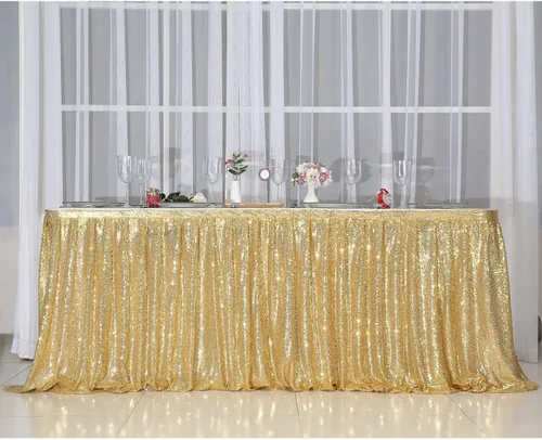 Vista 4 de PartyDelight Falda de mesa de lentejuelas doradas de 4 pies para mesa redonda/rectangular/cuadrada para fiesta de cumpleaños, boda, Navidad