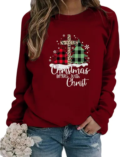 Vista 5 de SIUMOPA Sudadera de Navidad para mujer con estampado de letras de Cristo, sudadera casual con cuello redondo y manga raglán