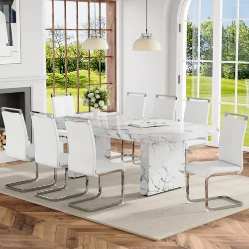 Vista 16 de Ebullient - Juego de mesa de comedor de mármol de 79 pulgadas para 6, mesa con patrón de mármol blanco de 3.5 pulgadas con base de MDF estable