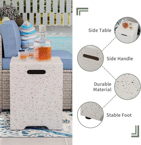 Vista 8 de COSIEST mesa de fogata a propano para exteriores de 35 pulgadas cuadrada de arenisca con protector contra el viento y mesa lateral, certificada