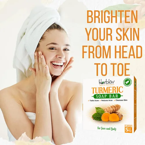 Vista 3 de Herblov Jabón de cúrcuma natural para cara y cuerpo – Jabón iluminador de la piel para manchas oscuras, áreas íntimas, axilas – Lavado facial