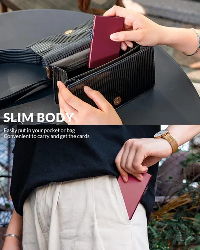 Vista 6 de VULKIT Tarjetero minimalista Pop Up Tarjetas RFID Protección Slim Metal Wallet, Vino, Minimalista