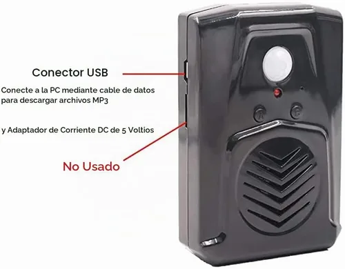 Vista 7 de Altavoz reproductor de sonido activado con sensor de movimiento PIR con cable USB, descarga tus propios archivos de audio MP3 para reproducir Negro