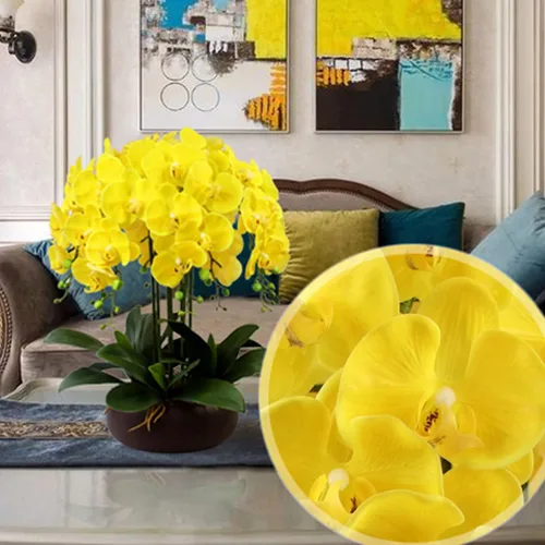 Vista 3 de FagusHome Phalaenopsis - 6 flores artificiales de orquídeas artificiales de 32 pulgadas, flores falsas para decoración del hogar (amarillo)