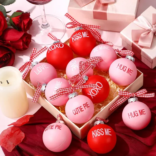 Vista 6 de DoubleFill 12 adornos de bolas para el día de San Valentín para árbol, de 1.96 pulgadas, decoraciones colgantes de San Valentín, bolas de plástico