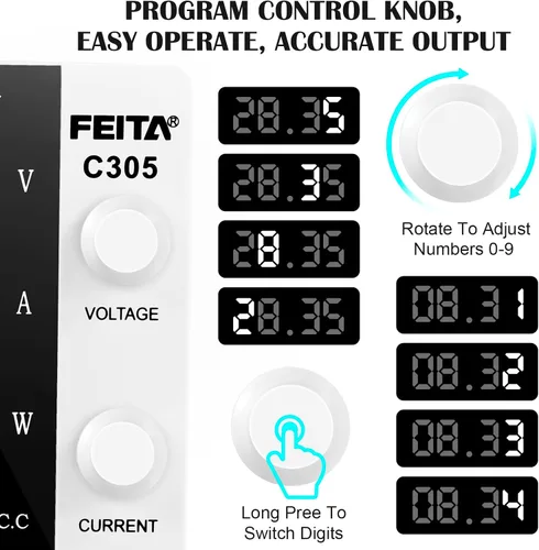 Vista 7 de FEITA Fuente de alimentación de CC variable, 30 V 5 A, fuentes de alimentación de laboratorio de banco de alta precisión ajustable con pantalla LED
