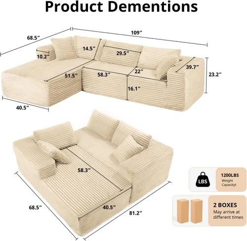 Vista 3 de LUCKLIFE - Sofá seccional modular con chaise en forma de L, sofás sin patas tapizados en pana para sala de estar, sofá cama extragrande, no requiere