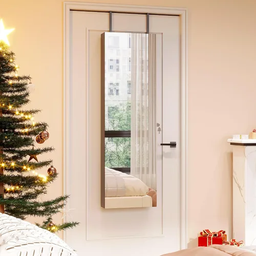 Vista 9 de Vlsrka Armario LED con espejo de joyería de 47 pulgadas, organizador de joyas colgante para montar en la paredpuerta con espejo de longitud