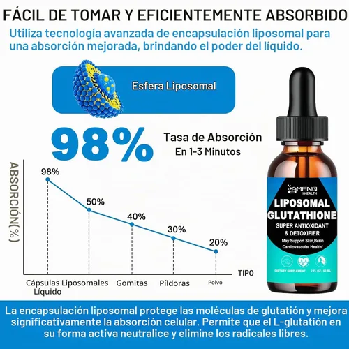 Vista 6 de Glutatión liposomal, suplemento líquido extra fuerte de glutatión con aceite AloeVera, vitamina C y ácido hialurónico para desintoxicación