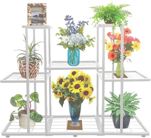 Vista 8 de MTB Garden Soporte grande de metal para plantas de 3 niveles y 8 macetas para interiores y exteriores, estante para macetas, color gris carbón