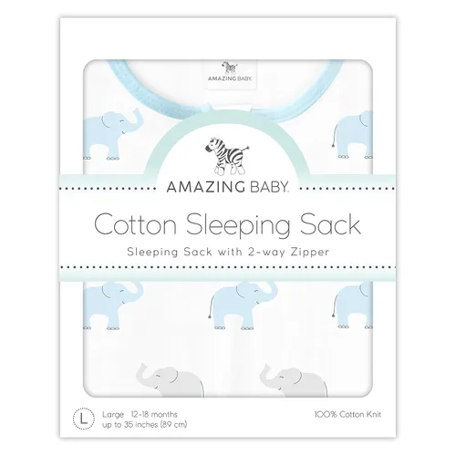 Vista 5 de Amazing Baby Saco de dormir de algodón, manta portátil con cremallera de 2 vías, azul pastel + elefantes pequeños grises, pequeño (0-6 meses)