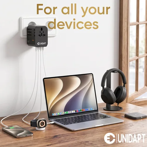 Vista 7 de Unidapt Adaptador de viaje universal, adaptador de enchufe internacional de 70W con 3 USB-C PD de carga rápida y 2 USB-A de carga rápida, adaptador