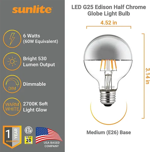 Vista 2 de Sunlite Bombilla LED G25 (G80) Edison de medio globo cromado, 6 vatios (60 W = ), base E26 estándar, 530 lúmenes, regulable, cuenco plateado
