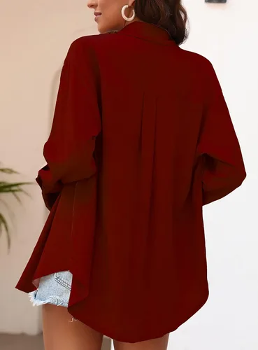 Vista 5 de KYLELOVE Camisas de manga larga con cuello abotonado para mujer, blusas casuales de gran tamaño con bolsillo