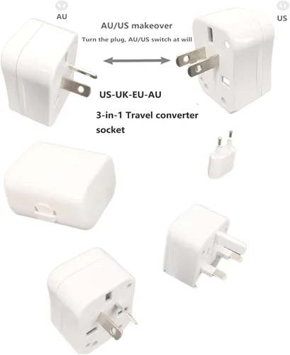 Vista 3 de Toptekits Adaptador de corriente universal todo en uno, conversión de viaje global tres en uno, 3 enchufes, adaptador universal de viaje en el Blanco