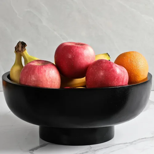 Vista 5 de Tazón de fruta negro de madera sólida seguro para alimentos para encimera de cocina, diámetro de 12 pulgadas