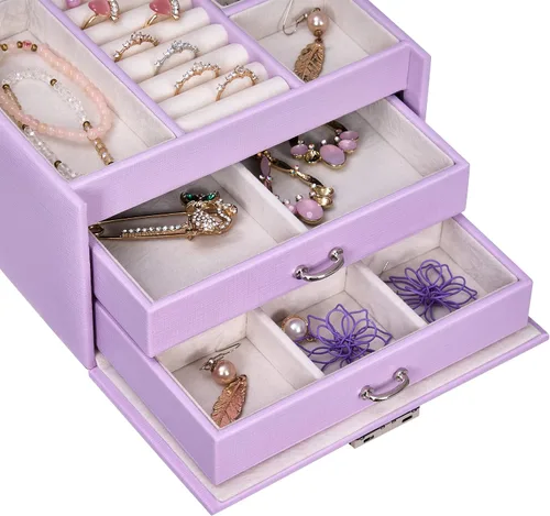 Vista 8 de BEWISHOME Caja de joyería para adolescentes caja organizadora de joyas de 3 capas con cerradura estuche de viaje de joyería para mujeres y niñas