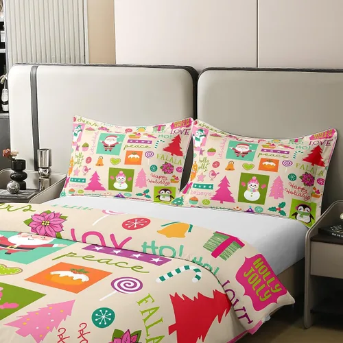 Vista 4 de Funda de edredón de Papá Noel 100% algodón, funda de edredón de ciervos de Navidad para niños y niñas, juego de ropa de cama de pingüinos de dibujos