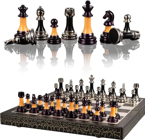 Vista 2 de BIVOMON Juego de Ajedrez de Madera Plegable de 16" Tablero de Ajedrez Blanco y Negro Piezas de Ajedrez de Acrílico de Lujo con Peso de 3.5