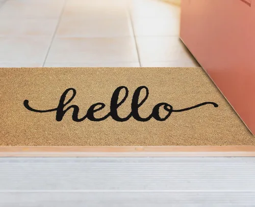 Vista 8 de IRONGATE Felpudo de bienvenida – Tapete antideslizante que atrapa la suciedad Hello de fibra de coco, tapete para puerta de entrada de bajo perfil