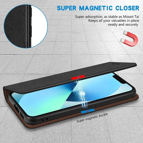 Vista 3 de ZZXX Funda tipo cartera para iPhone 13 con bloqueo RFID, soporte de ranura para tarjetas, funda protectora de cuero magnético fuerte plegable